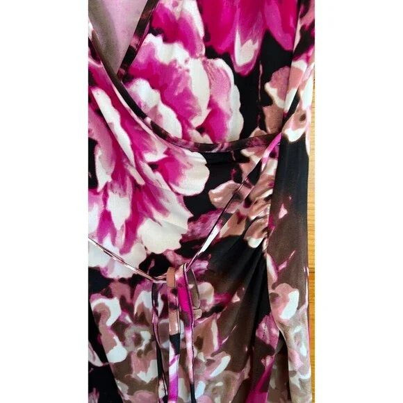 NWT Pink & Brown Rose Patterned Wrap Dress with Tie L - Picture 2 of 5